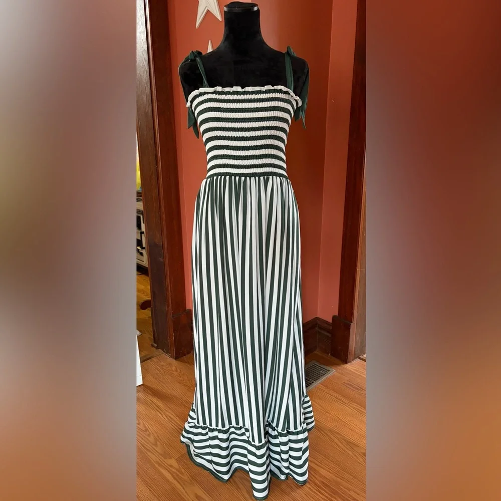 NWOT-Summersalt Green and White Striped Smocked Maxi Dress - Picture 2 of 8